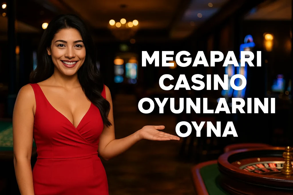 Kırmızı ve mavi elbiseli Türk kız, Megapari Casino giriş sayfasını tanıtıyor